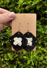 Handcrafted Crochet Square Dangle Earrings Black White