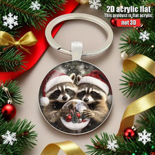Cute Raccoons Santa Hat Keychain Key Ring Purse Handbag Car Charm Backpack Bag
