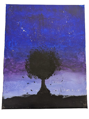 8x10 hand painting on canvas of a tree in front of a night time gradient.