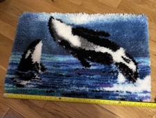 Vintage Hand Made Latch Hook Rug Wall Orca Killer Whale Ocean Shag 30 X 20  