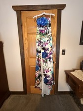 Jovani Strapless Multicolor Floral Satin Long Dress Ruched Beaded Accents