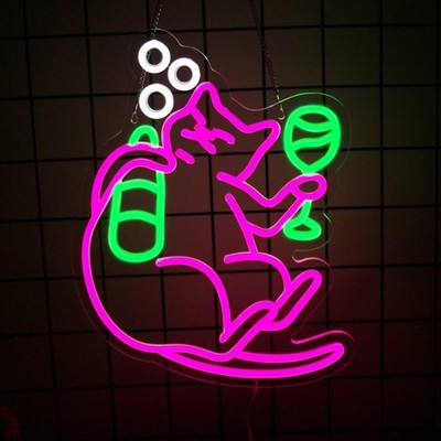 16''x12'' Drunk Cat Cocktails Bar LED Neon Sign With Dimmer USB Powered Light Lamp