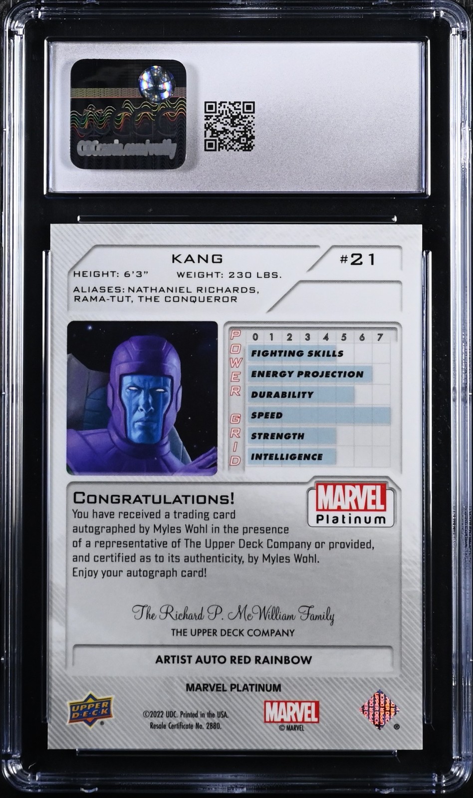 2023 Marvel Platinum Kang Red Rainbow Auto Myles Wohl CGC 10 #21 Pop 1 view 2