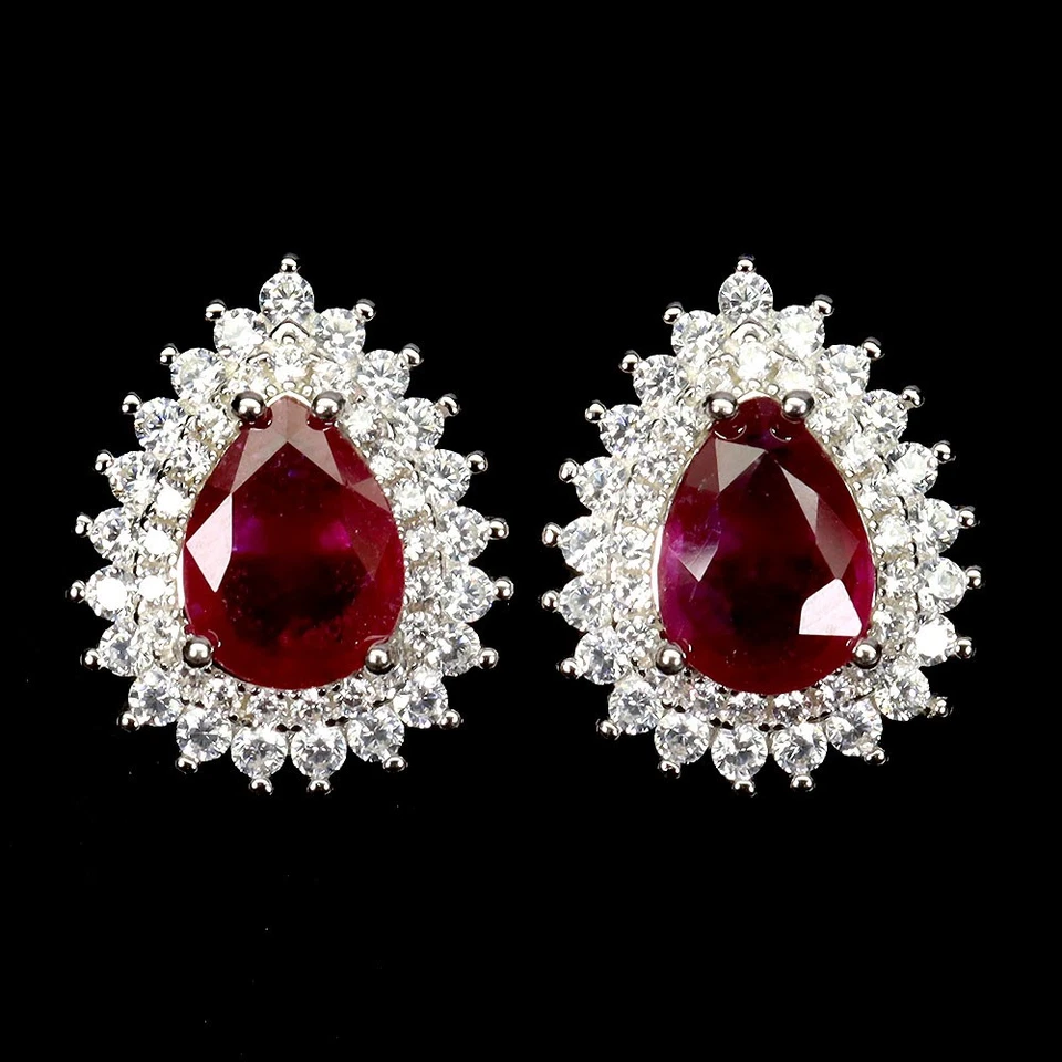 925 Sterling Silver Earrings Pear Ruby 8x6mm Natural Gemstone Jewelry - Image 2 of 4