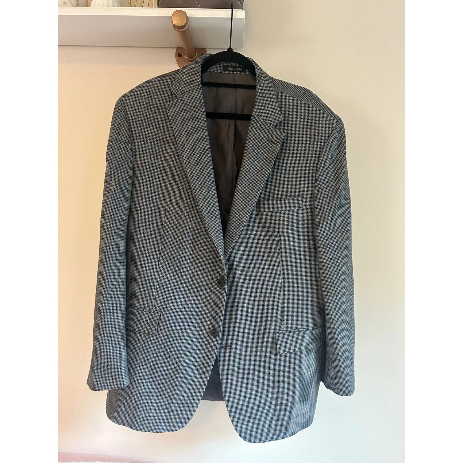 Ralph Lauren Houndstooth Wool Silk Blazer Men's Size 46 Long Gray Jacket