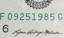 (0241)-2021 $1 Dollar Bill-Fancy Serial-Birthday Note-September 25, 1985