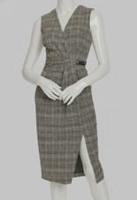 Calvin Klein Women's Gray Pleated V-Neck Sleeveless Chain-Trim Midi Dress Size 8