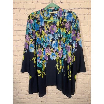 Susan Graver Womens Floral Kimono Sweater Black Multi Size 2X Layer Flowy