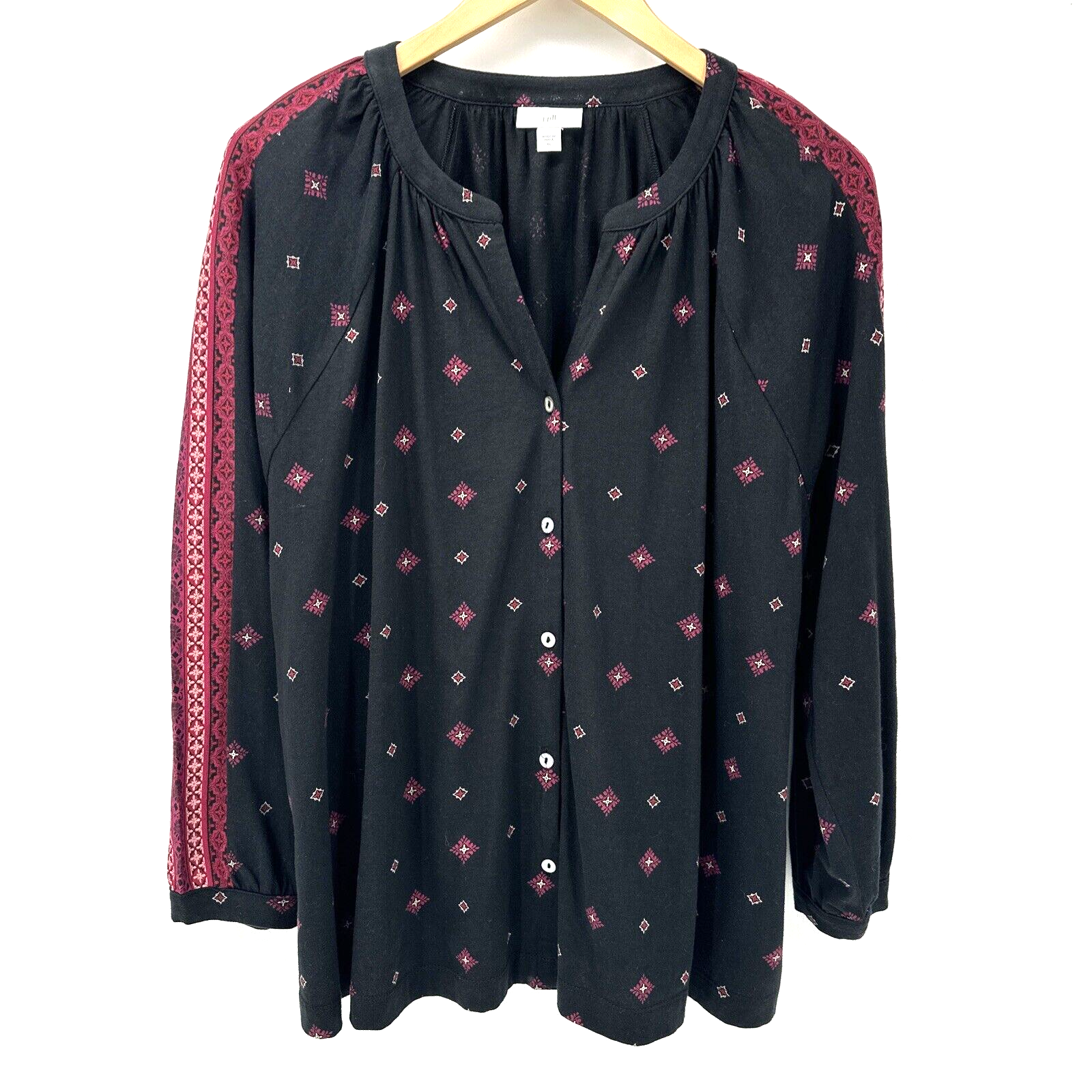J Jill Blouse Womens XL Long Sleeves Button Up V-Neck Black Burgundy Geometric