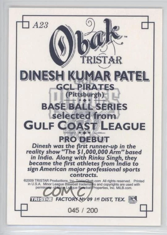 2009 TRISTAR Obak Auto Blue /200 Dinesh Patel #A23 Auto - Image 2 of 2