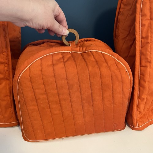 Vtg 3Pc Quilted Appliance Covers Burnt Orange Wooden Rings Mixer/Blender/Toaster - Picture 2 of 17