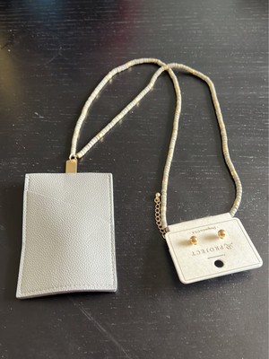 Gray necklace/lanyard credit card holder & earrings