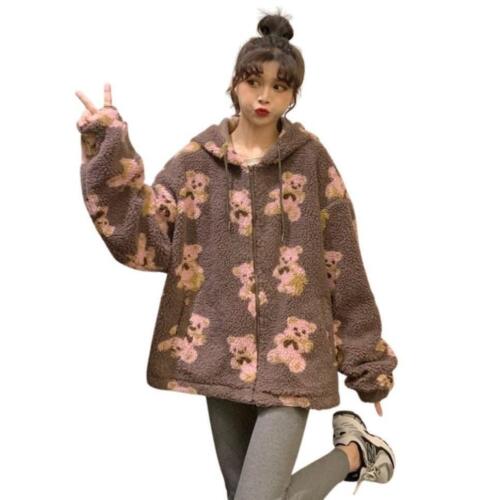 Teddybär Fleece flauschiger Damen-Hoodie mit Reißverschluss süß Kawaii Baumwolle reich warm dick - Bild 2 von 36