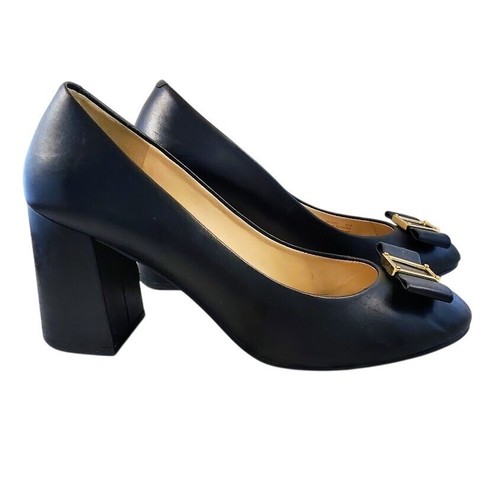 Cole Haan Black Block Heel Pumps Size 8.5B Bow Gold Buckle Dress Work Shoes - Picture 2 of 15