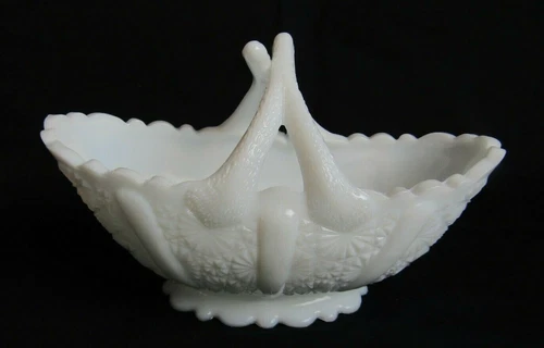 FENTON MILK GLASS DASIEY AND BUTTON SPLIT HANDLE OVAL BASKET