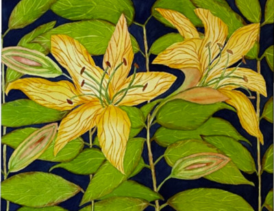 PAINTING WATERCOLOR 11X14 MAT 16X20 FLOWER LILY ORANGE YELLOW GREEN ORIGINAL ART
