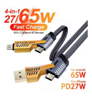 65W Schnellladekabel 4 in 1 USB Kabel für iPhone Samsung Handy Typ-C Ladekabel