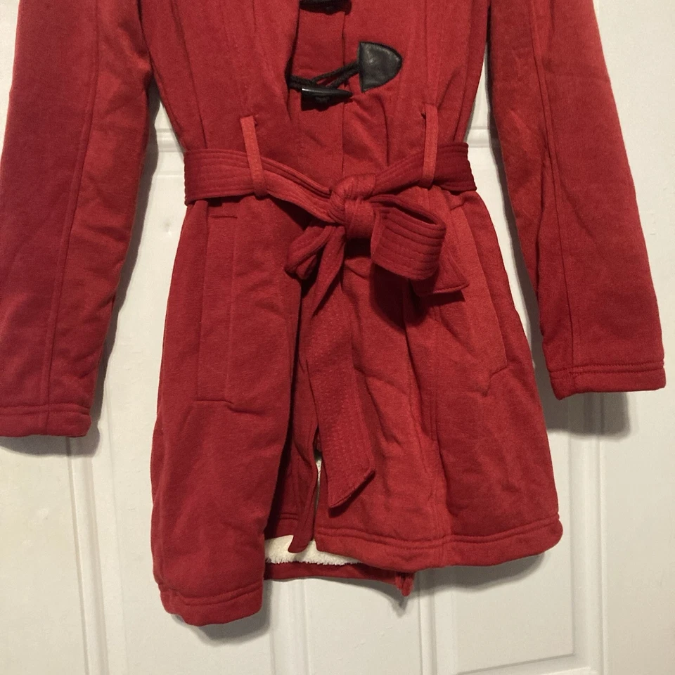 New Yoki Womens Large Jacket Sherpa Lined Hooded Belted Toggle Zip Fleece Red - Image 2 of 4