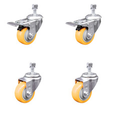 3.5 Inch 316SS Yellow Polyurethane ½ Inch Threaded Stem Caster Set 2 Lock Brake