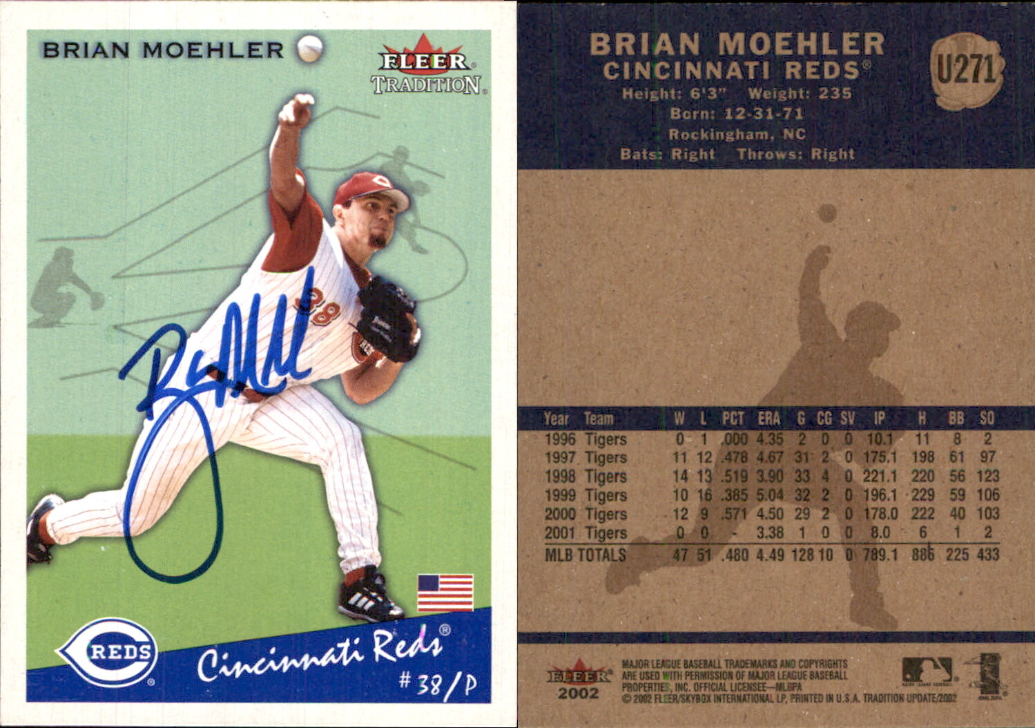 Brian Moehler Signed 2002 Fleer Tradition Update #U271 Card Cincinnati Reds AU