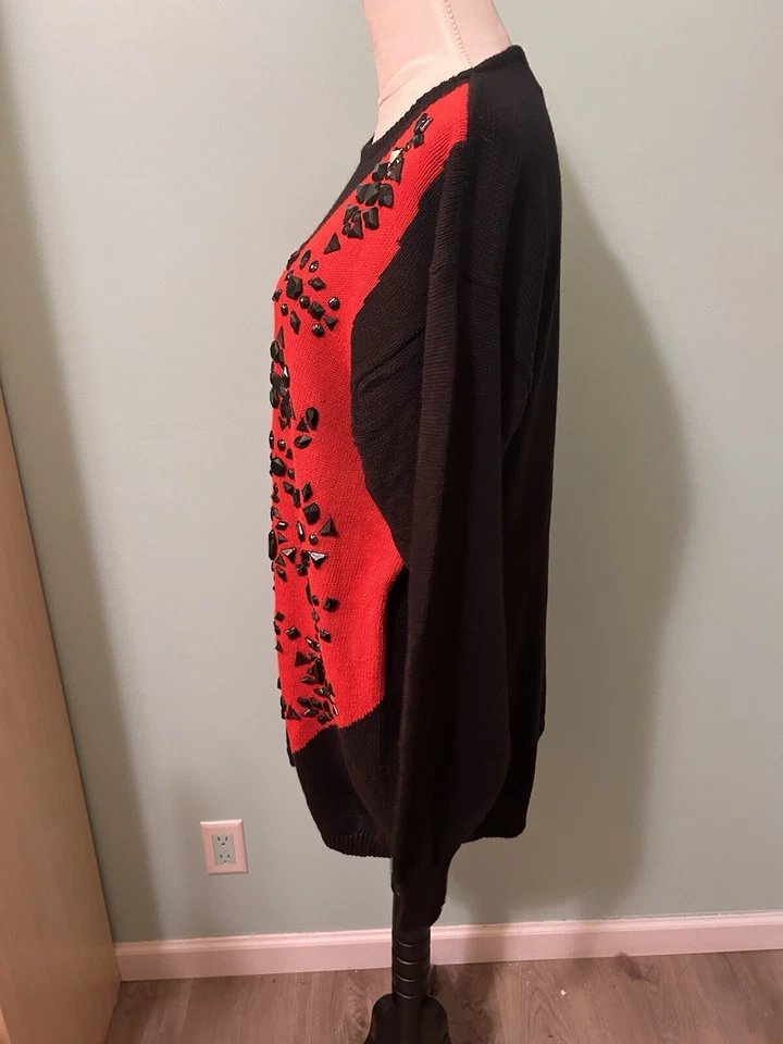 Chaleco Suéter Navidad Cervelle Negro Rojo Lentejuelas Cuentas Años 80 Vacaciones Vintage XL Foto 2 de 4