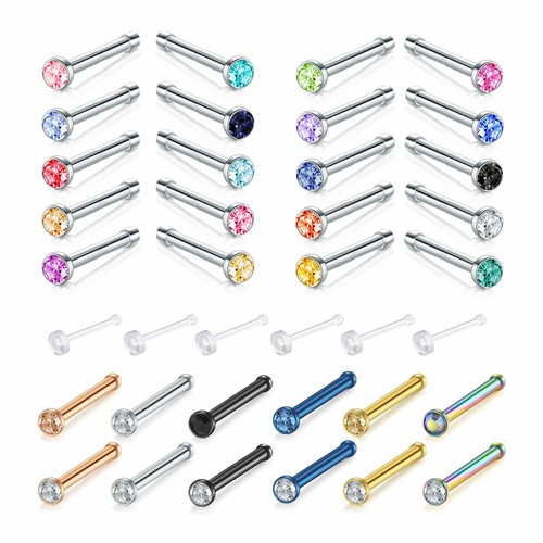 38PCS Surgical Steel Straight CZ Nose Studs Bone Pin Clear Retainers Piercing - Bild 9 von 9