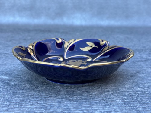 ECHT KOBALT BOWL J.L. MENAU COBALT BLUE GOLD LEAF VICTORIAN FLORAL VINE DESIGNS - Picture 9 of 10
