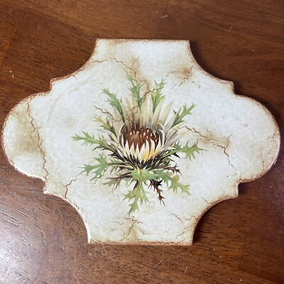 Vintage Tile Stoneware Trivet Italian Art Painted Kitschy Flower Thistle Wall