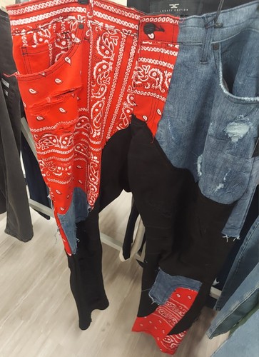 NWT Men's Jordan Craig Distressed Patchwork Red Bandanna Jeans 42X32 Legacy EDT - Picture 3 of 10