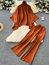 Turtleneck Two Pieces Sets Sleeves Pullover+Wide Legs Long Pants Sweater Suits
