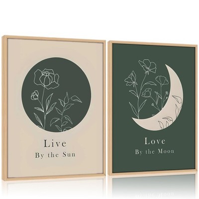 Framed Green Boho Sun and Moon Wall Art Set of 2 for Bedroom Modern Abstract ...