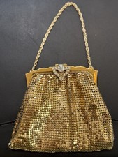 Whiting Davis Co. Gold Metal Mesh Evening Bag Chain Strap Rhinestone Clasp