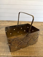 Vintage Solid Brass Rectangle Woven Basket Handle Nice Patina 7  H 5  W 4.75  Tall