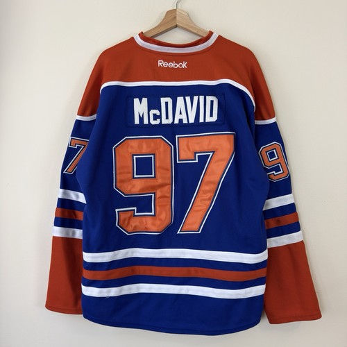 Reebok Edmonton Oilers Connor McDavid #97 NHL Home Blue Orange Jersey Size 50