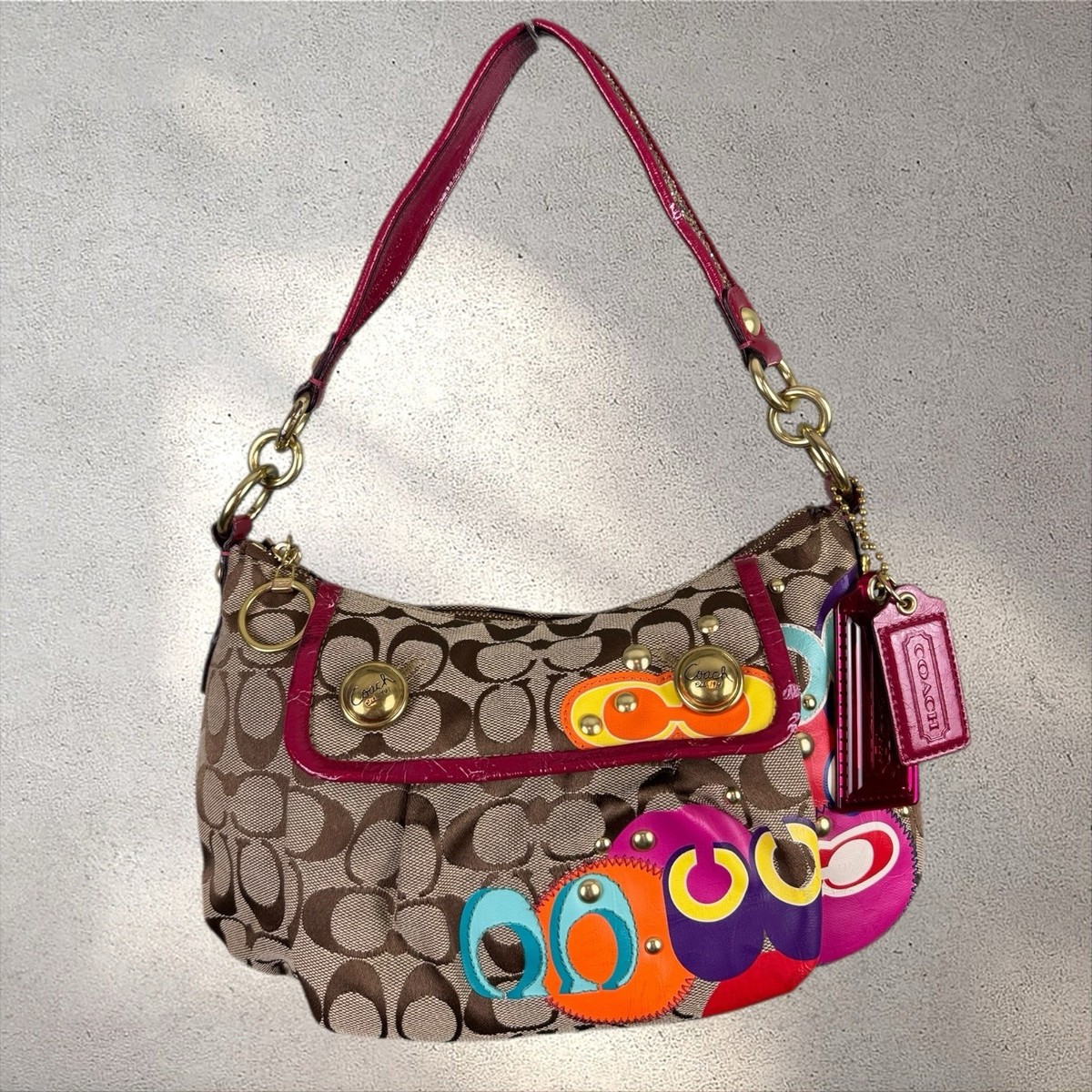 バッグ Y2K COACH Poppy Signature Satin Groovy Y2K Coach Groovy Poppy Shoulder Bag Appliqué Colorful Signature