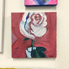 Original Acrylic Painting Of A White Rose  6”x6” Signed Miss Rina