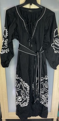 Alexis Belia Dress L Maxi Caftan Womens Designer Embroidered Boho Black Party
