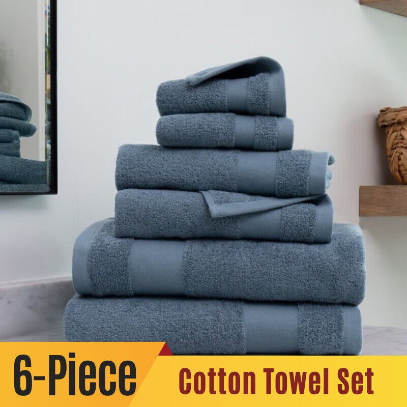 6-Piece Soft 100% Cotton Bath and Hand Towel Set in Light Blue
