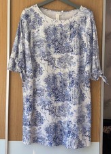 H&M SHIFT DRESS LINEN RICH JUNGLE size 12 14 white Blue split tie sleeve tunic