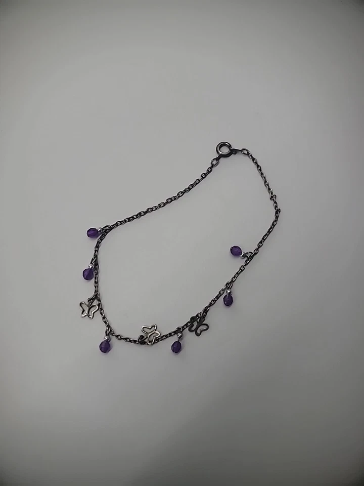 Pulsera tobillera vintage tono plata púrpura mariposa joyería disfraz Foto 2 de 4