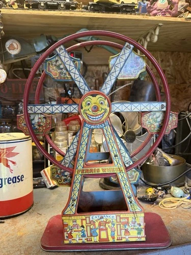 Vintage J. Chein Tin Ferris Wheel, "Hercules" Wind-Up Toy From 1930s