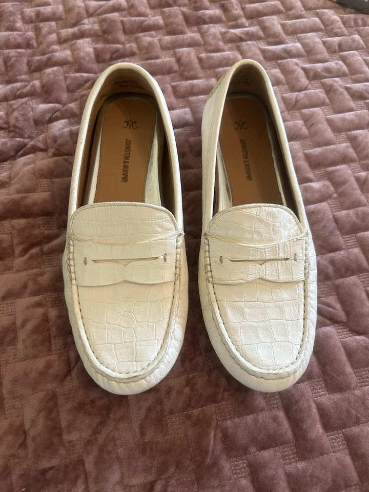 Johnston & Murphy 女式 8 M 码象牙色皮革乐福鞋鳄鱼浮雕鞋平底鞋 — 第 3/4 张图片