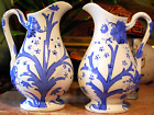 Set 2 Antique Parian Ware Molded Pitcher Jugs Hand Painted Blue White Grapes 9"
