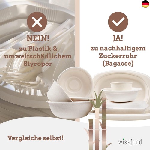 wisefood Zuckerrohr Teller - 50 Stück Bagasse Einwegteller quadratisch 16cm - - Bild 6 von 7