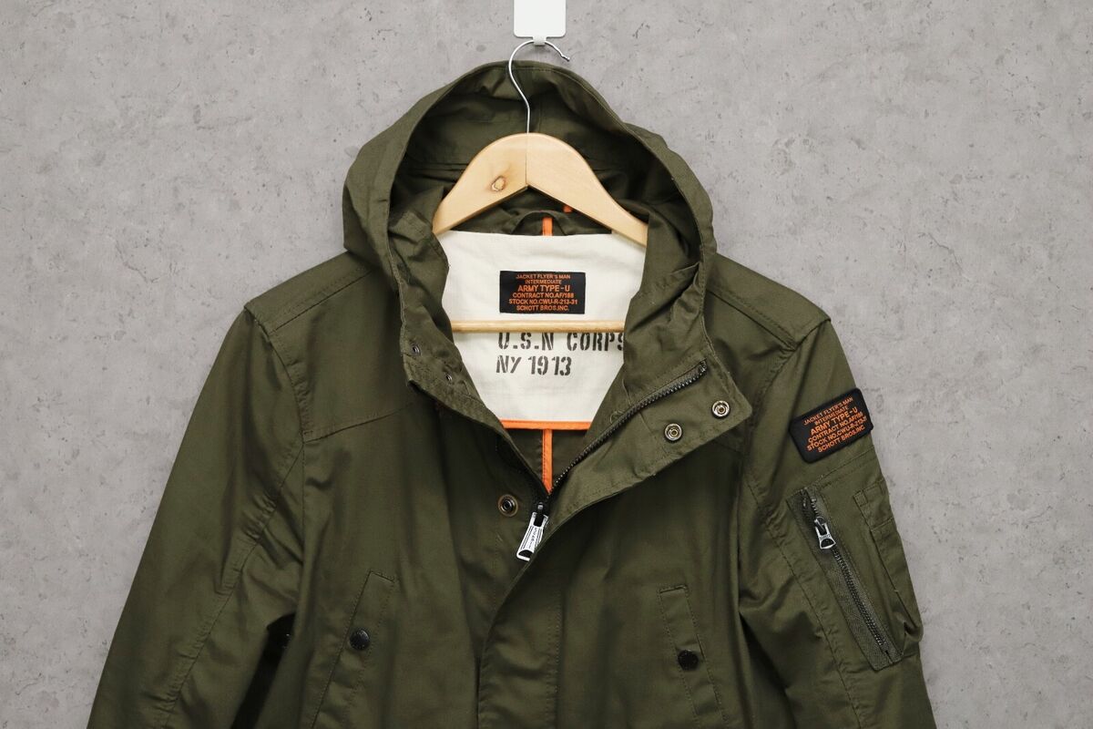 SCHOTT Men's Cotton Green Khaki Army Type-U Flyers Parka Zip SCHOTT Men's Cotton Green Khaki Army Type-U Flyers Parka Zip