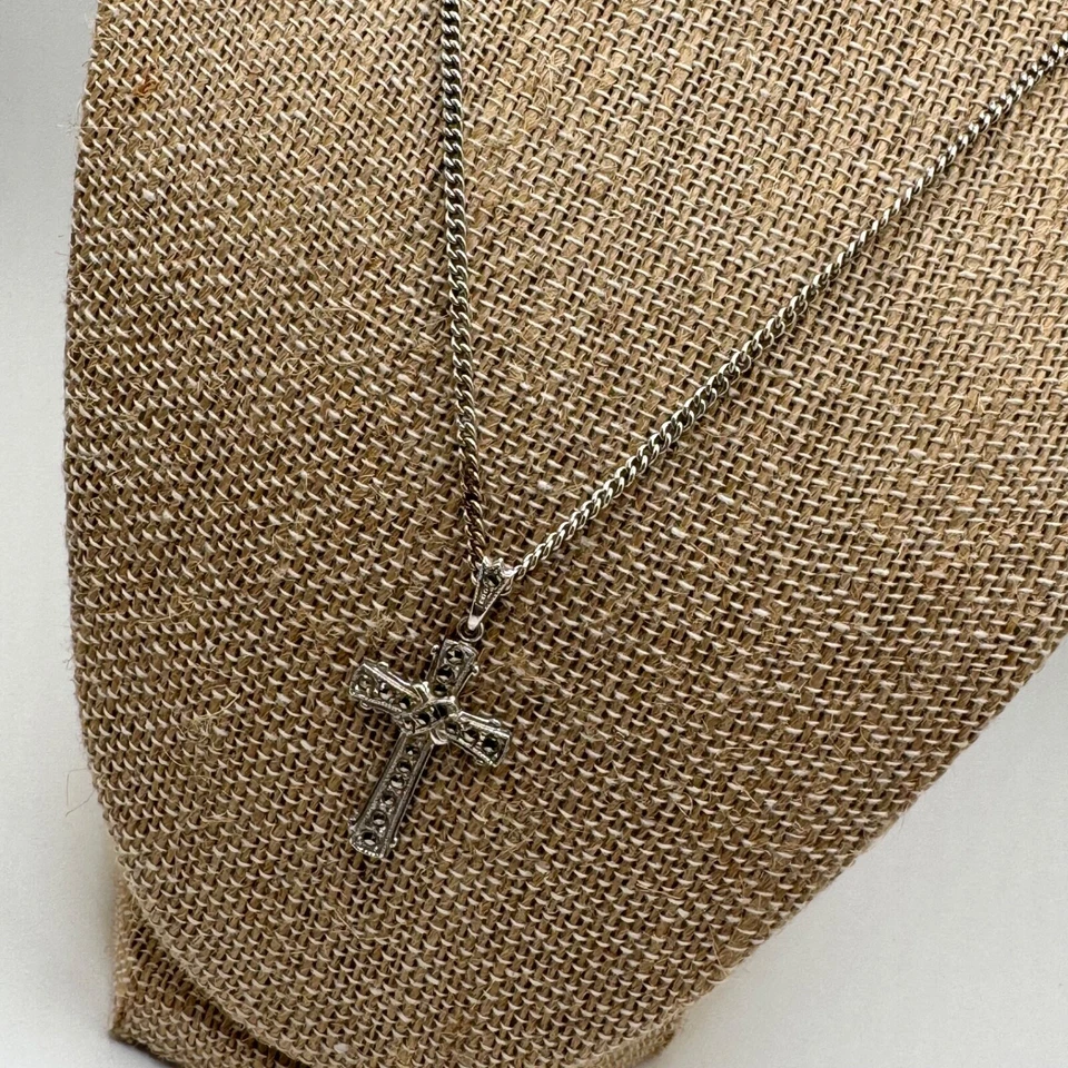Antiguo Collar Art Deco Cadena Cruz de Ley y Marcasita Theda 925 Foto 3 de 4
