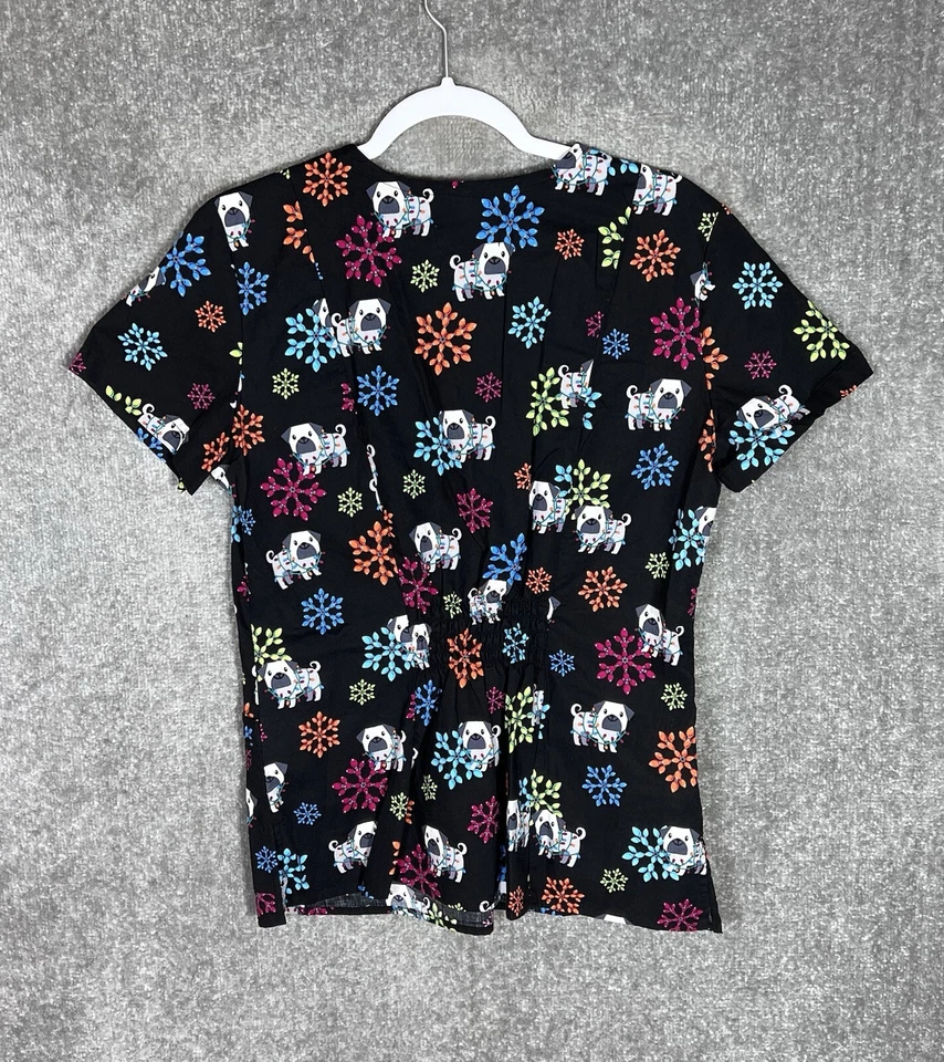 Blusa Médica Blanca Cruz Pug Perro Luces de Navidad Para Mujer Talla M Negra Bolsillos en el Cuello Foto 2 de 4