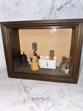 Vintage Wood Shadowbox Diorama KITCHEN CORN HUSK DOLL SCENE 1970s Folk Art