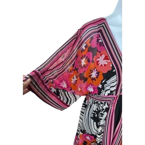Bisou Bisou Blumendruck Kleid V-Ausschnitt transparent Kurzarm Blouson künstlerisch Gr. 14 - Bild 8 von 9