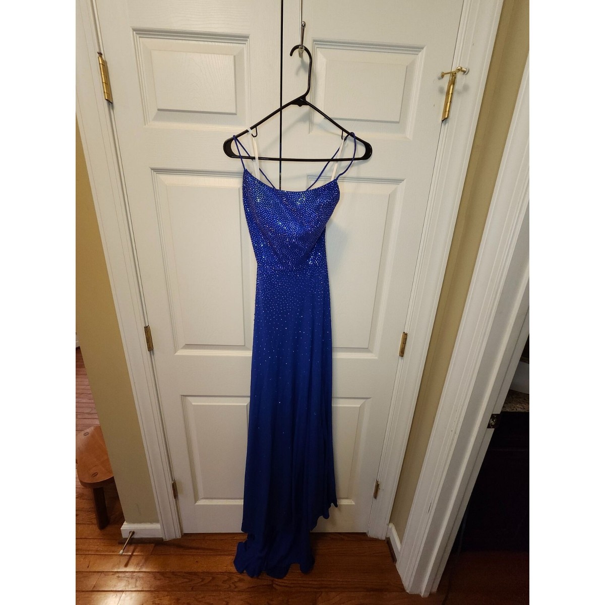 New HellyMoon Blue Sparkly Rhinestone Full Length Slit Prom Formal Dress  Size 2